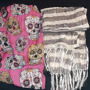 Set of 2 scarves 1 w/ sugar skulls 1 shiny strip